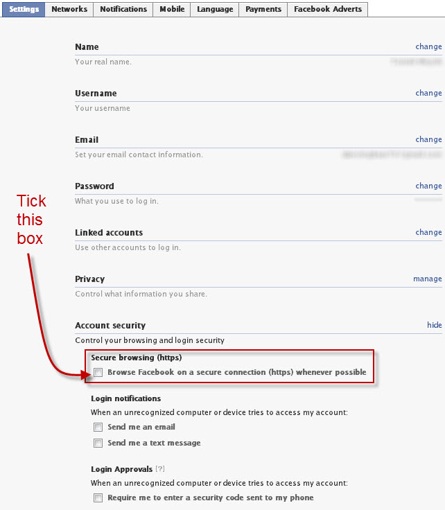 set secure facebook browsing