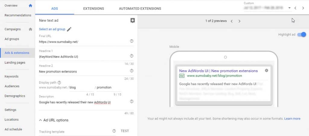 New AdWords promotions extension UI