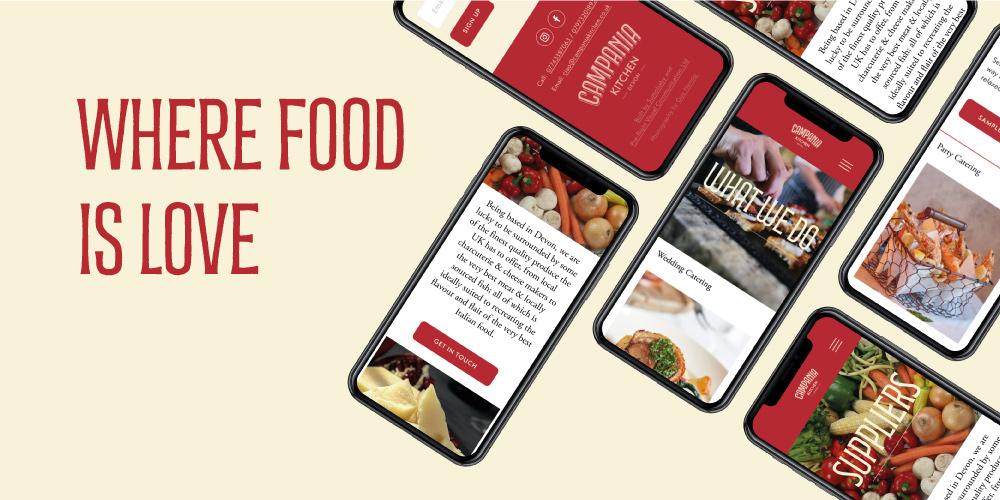 where food is love & website on phone Campania Kitchen