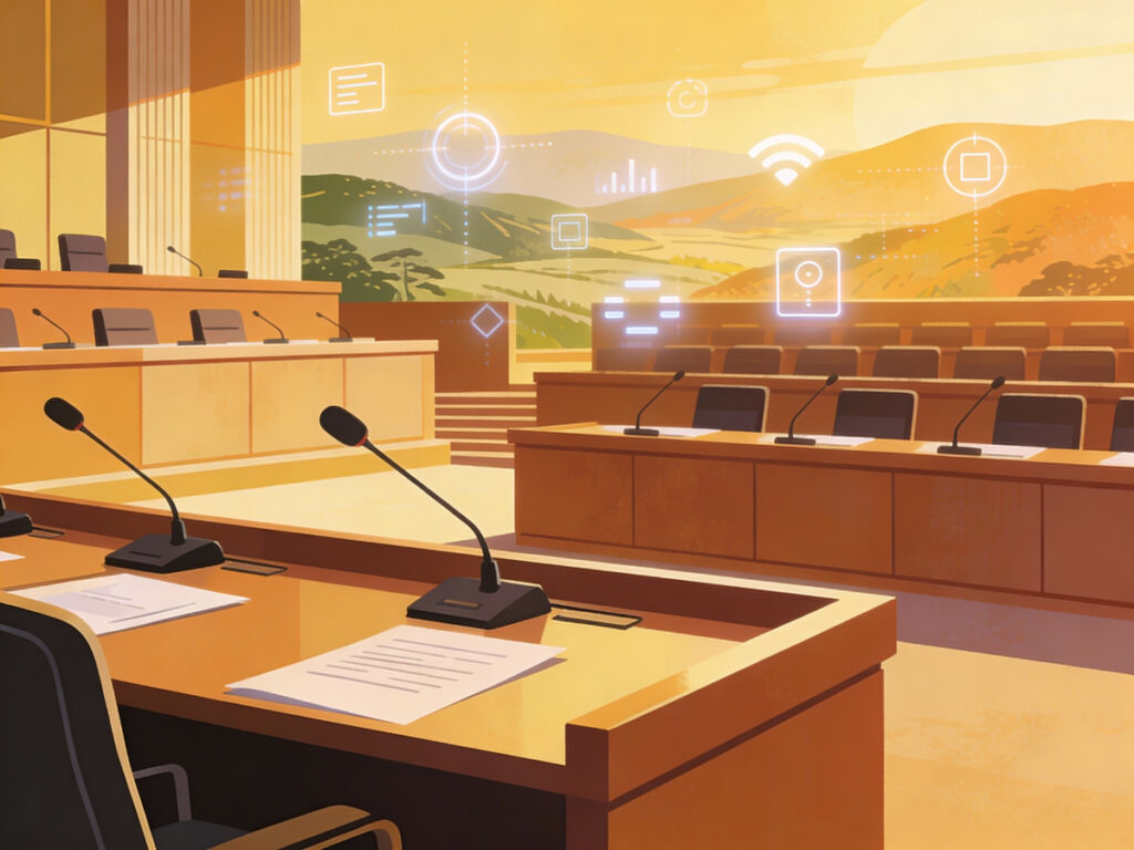 Illustration representing a data privacy hearing, with abstract government desks, microphones, and digital data symbols.