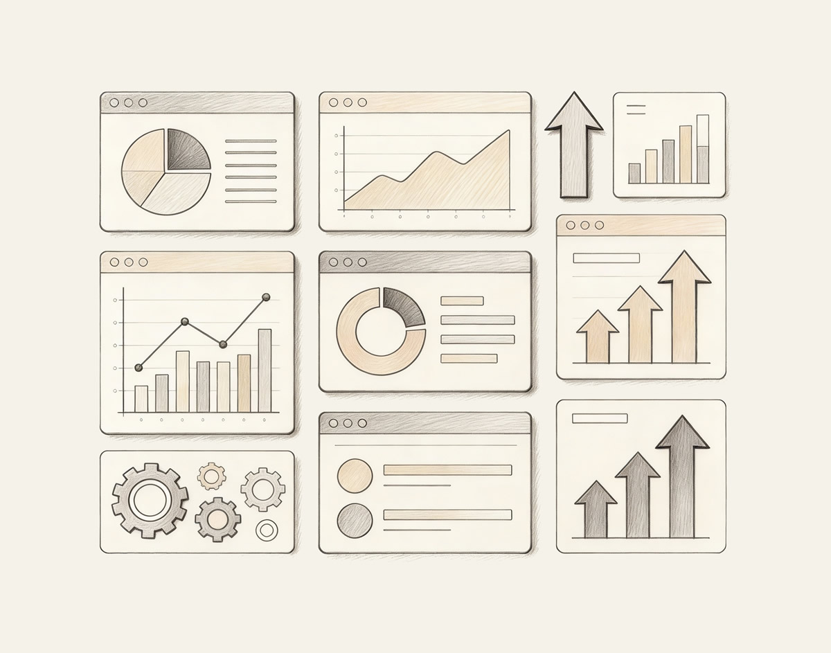 Illustration representing an online advertising dashboard with abstract charts and marketing icons.