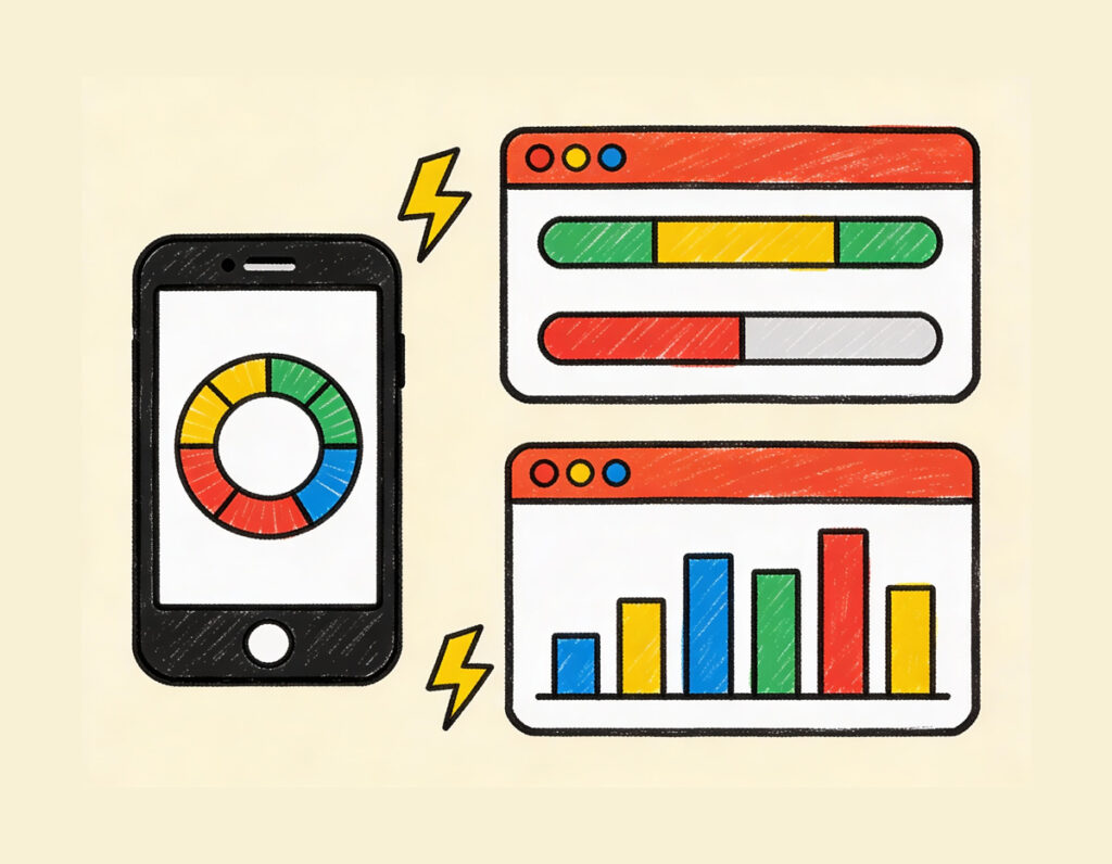 Illustration of a mobile website loading quickly, with abstract speed indicators and performance graphics.