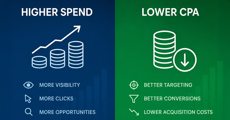 Visual comparison of higher spend and lower CPA advertising strategies